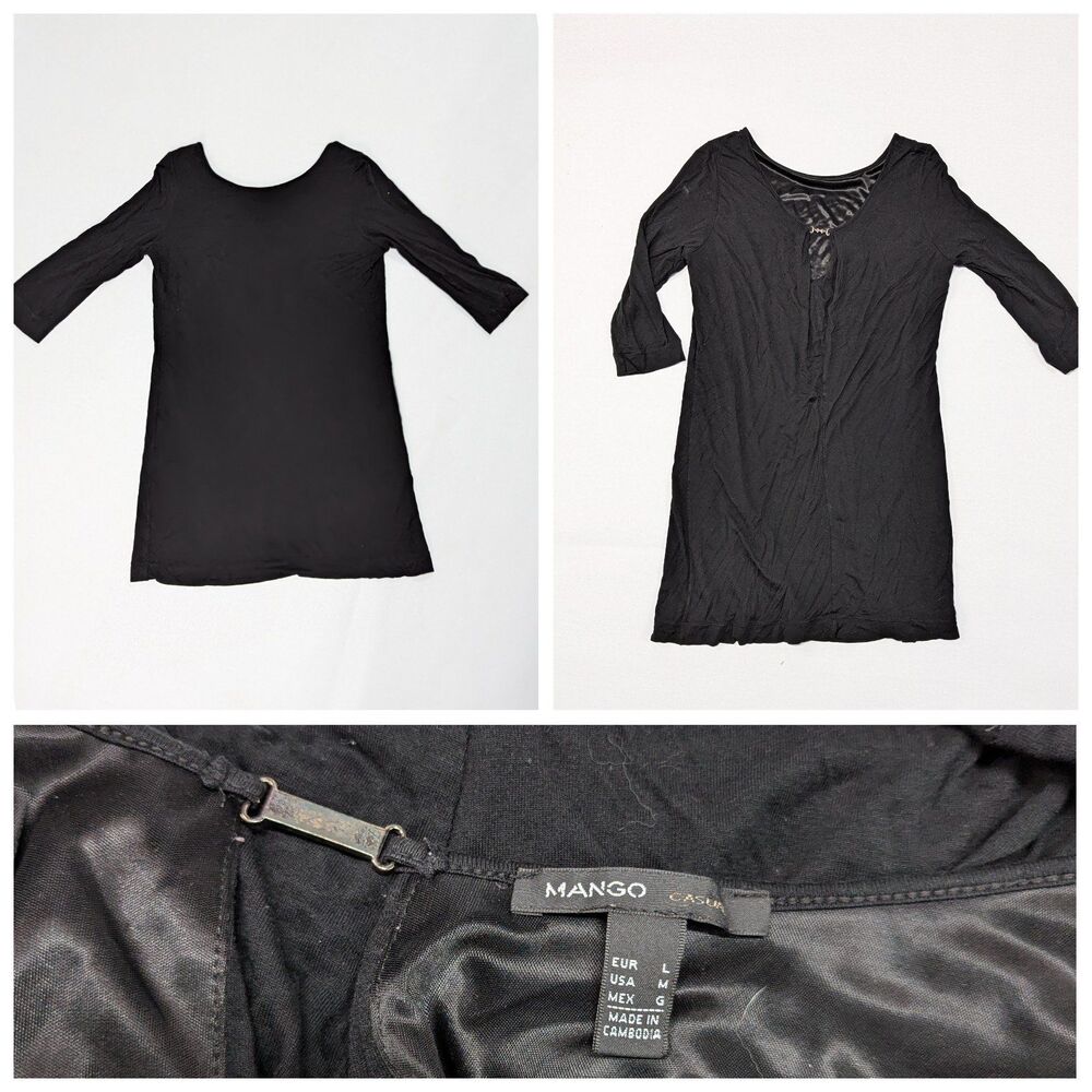 Mango Casual Women's Large Black Mini Dress with 3/4‎ Sleeves